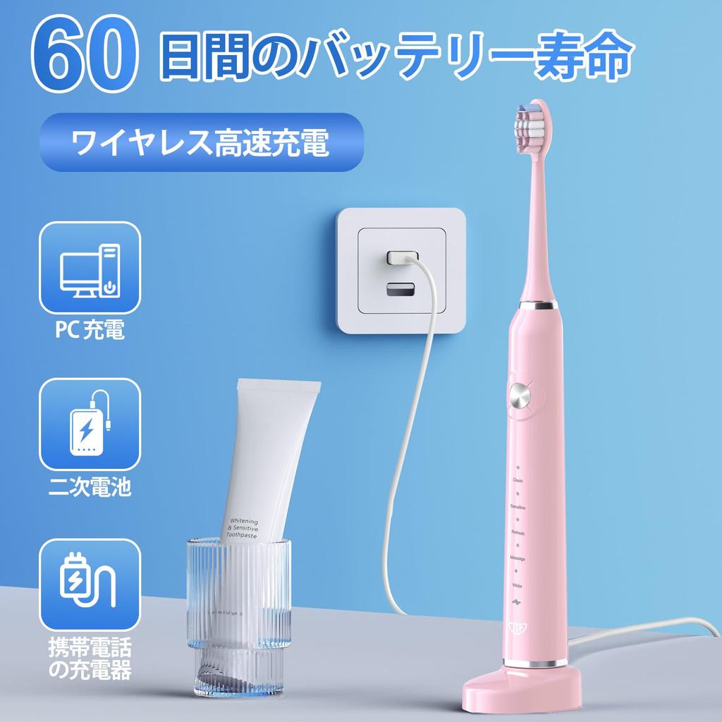 JTF Electric Sonic Toothbrush with 6 Replacement Travel 5 Cavity USB Charging IPX7 P200 Electric Toothbrush, Heads, Case, Portable, Modes, Prevention,
