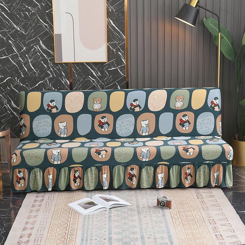 Stretch Armless Futon Cover with Skirt Printed Folding Sofa Bed Cover Washable Sofa Couch Cover Furniture Bed Protector S M L