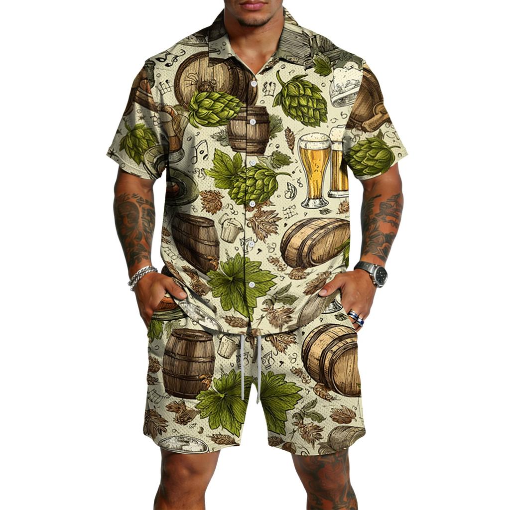 Conjunto Informal de Camisa de Manga Corta y Pantalones Cortos para Hombre con Estampado de Cerveza Ligero de Botones Atuendo de Verano para Actividades al Aire Libre