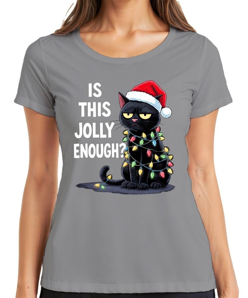 Is This Jolly Enough Christmas Cat Sarcastic Santa Hat Ladies TShirt