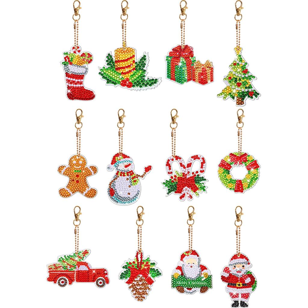 12 ST Full Borr Nyckelring Snögubbe Jul Strass Målning Nyckelring Hänge Tomte för Blixtlåsberlock och Väskberlocker Hänge