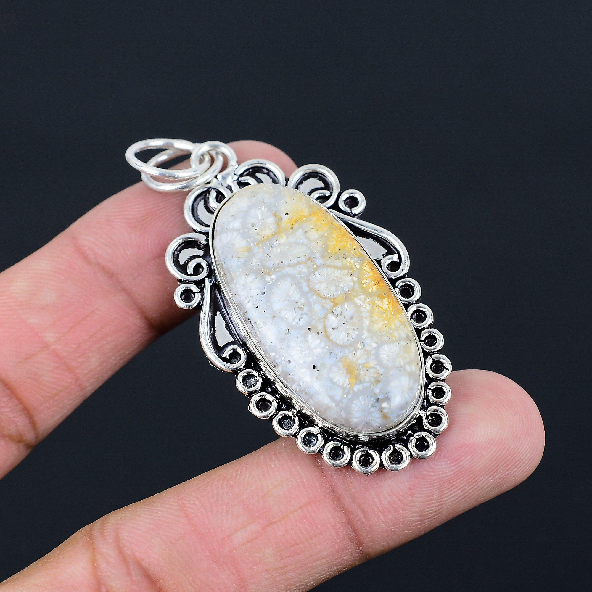 Натуральный Ископаемый Коралл Драгоценный Камень Подвеска 925 Стерлинговое Серебро Индийские Украшения