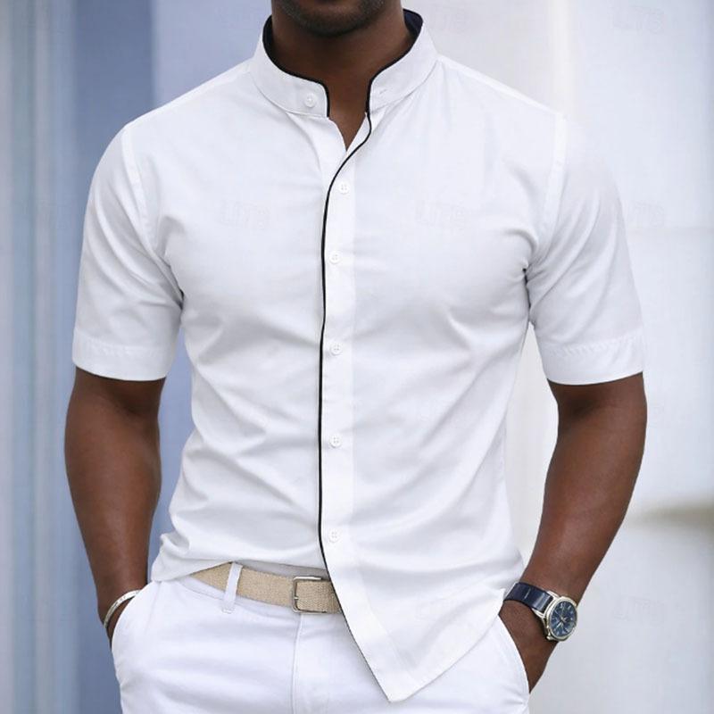 Men S Slim Fit Solid Short Sleeve Stand Collar Casual Shirt M