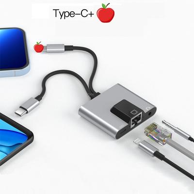 USB C To 3.5mm RJ45 Adapter Type-C To Ethernet LAN Network Hub Audio PD Fast Charging Docking Station For Phone Laptop Tablet