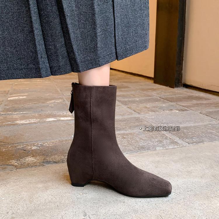 Inside and Outside Full Leather Square Head Rear Zipper Chelsea Boots Cowhide European and Korean Simple Retro Inner Height-increasing Short Boots W