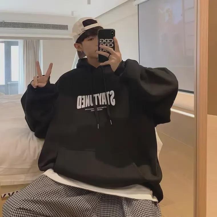 Men's Trendy American Letter Print Hoodies - Autumn/Winter Hong Kong Style, Large Size Youth Pullover Jacket