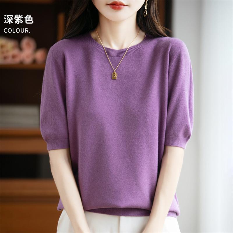 

Женский пуловер с коротким рукавом и круглым вырезом, тонкий вязаный свитер, футболка с рукавом до локтя, топ XXL темно-фиолетового