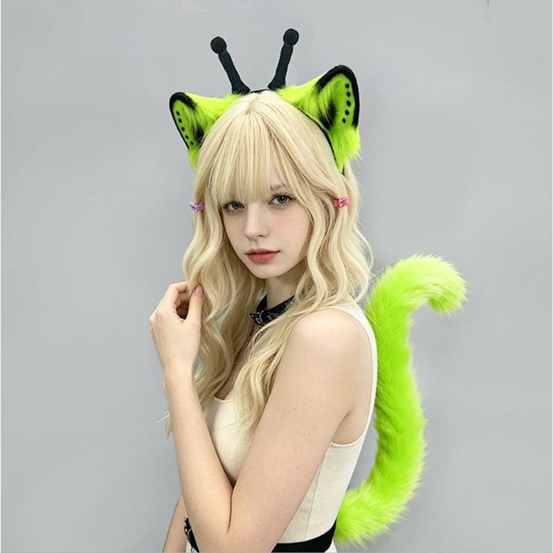 Furry Faux Furs Cats Ears Headbands Foxes Tail Animal Cosplay Costume Plush Alien Creature Costume Accessory for Roleplay Looks, Cosplay Gatherings,