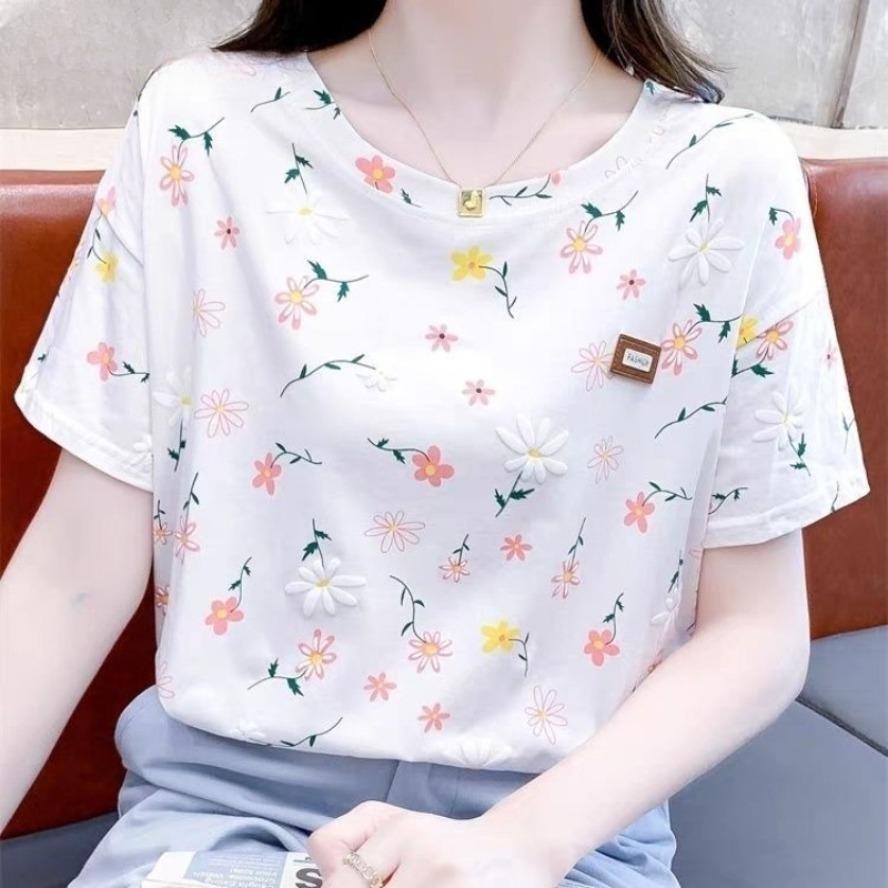 Women's Fashion Casual Summer Spring Flower Pattern Print Short Sleeve O-Neck Blouses & Shirts