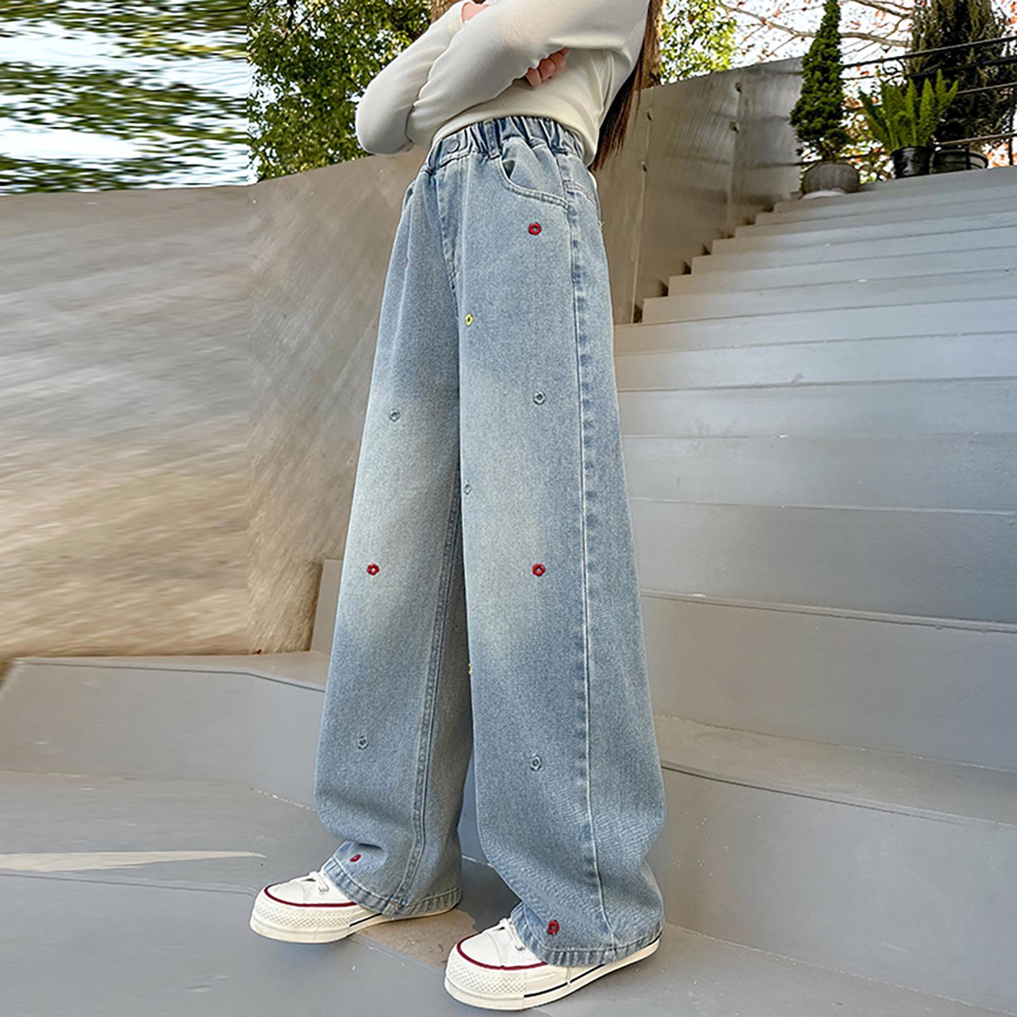 

Girls Spring Wide-Leg Pants 2026: New Style, Straight-Fit, Loose Jeans for Kids 140 cm синій