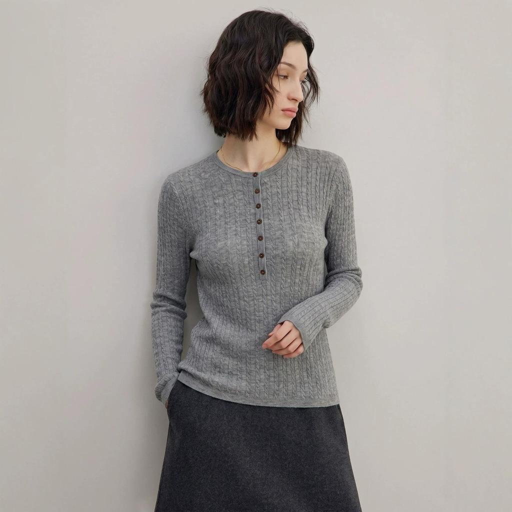 Women's Slimming Henley Wool Sweater: Retro Cable Knit, Jacquard Long Sleeve Top for Autumn & Winter