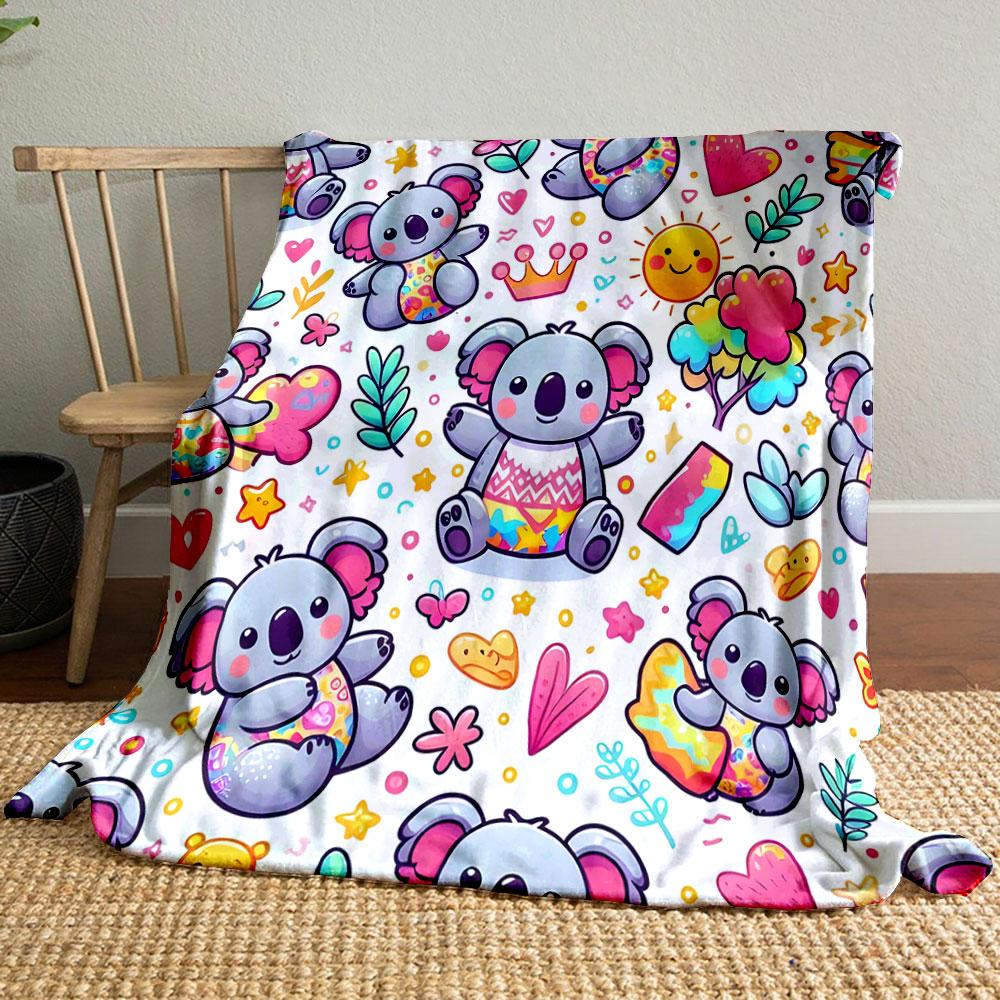 Cute Koalas with Colorful Patterns Patterned blanket, flannel, suitable for all seasons, home decor, warm and cozy