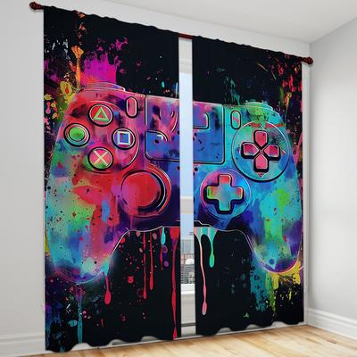 2 Paneele Gaming-Halbverdunkelungsvorhänge mit Stangentasche, Gamer-Raumdekor, Digitaldruck, Videospiel-Controller-Muster, Heimdekoration