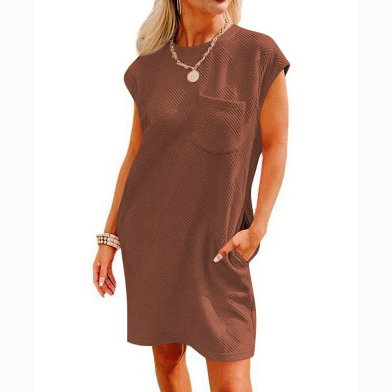 

Летнее платье с короткими рукавами и круглым вырезом, карманами, женское элегантное свободное розовое короткое платье трапециевидной формы, женские однотонные винтажные повседневные платья для вечеринок 24496 XXL коричневый