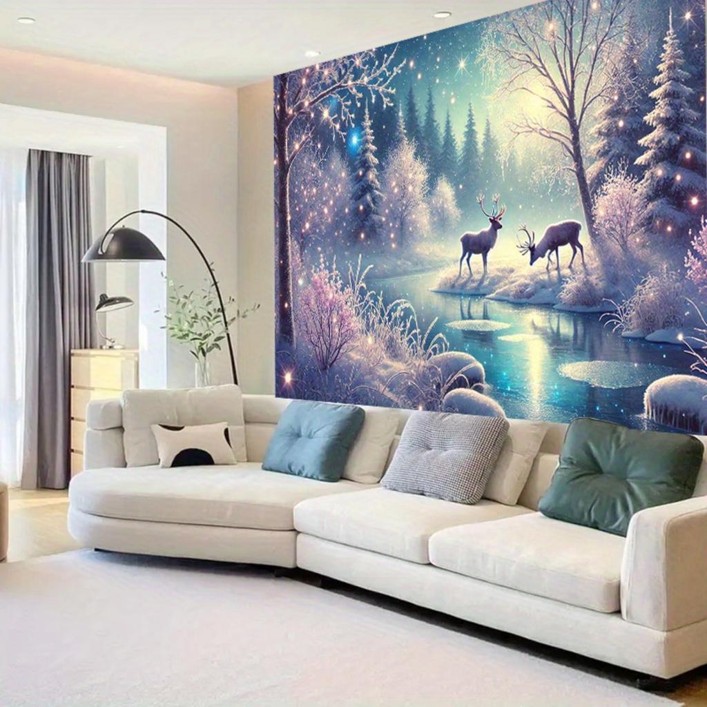 Enchanted Winter Forest Tapestry 2D Printed Starlit Deer Scene Wall Hanging Magical Snowy Landscape Home Decor Living Room