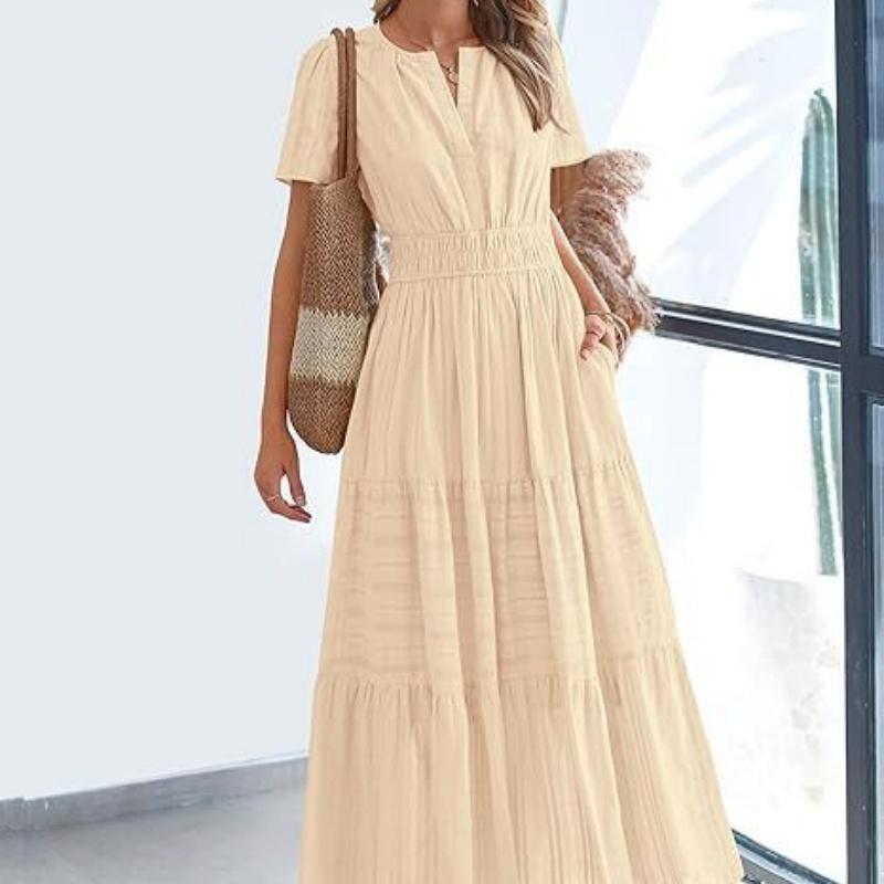 Women s V-neck ruched puff sleeve short-sleeved dress L абрикосовый