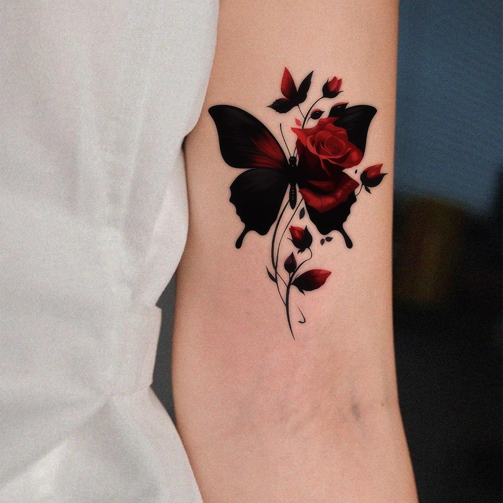 Dark Butterfly Rose Tattoo Sticker Waterproof Sweatproof Premium Flower Painted Sticker