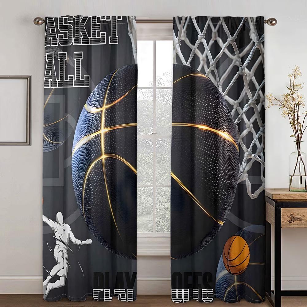 2-Piece Rod-Pocket Curtains, Polyester Fiber Blackout/Light-Filtering Curtains, Basketball Print Light-Blocking Curtains 60×150cm(23.6×59in)