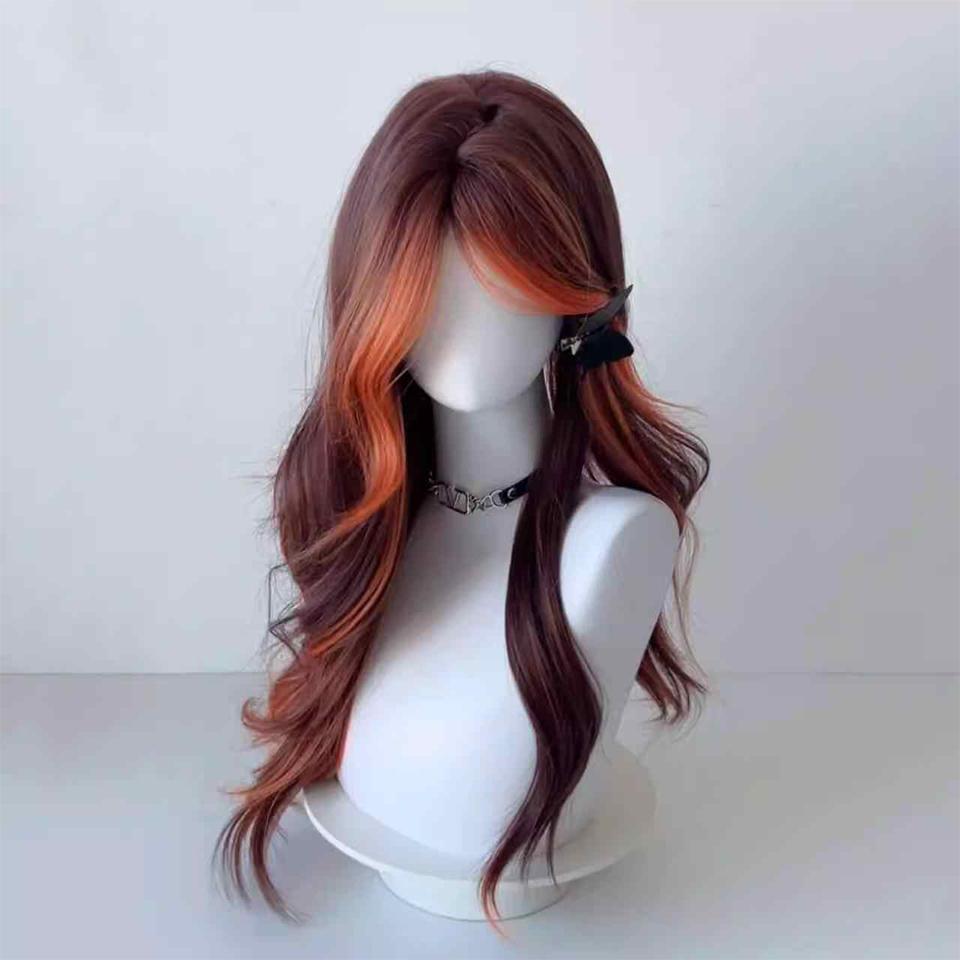 Synthetic Punk Style Long Wavy Curly hair Wig brown red Highlight orange Cosplay Lolita Wigs with Bangs for Women