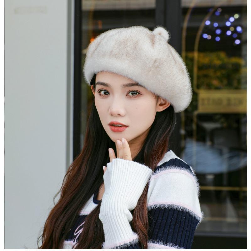 Big Head Circumference Black Beret Female Winter New Trendy Face Small Mink Hair Hat Octagonal Hat Cloud Hat Milliner