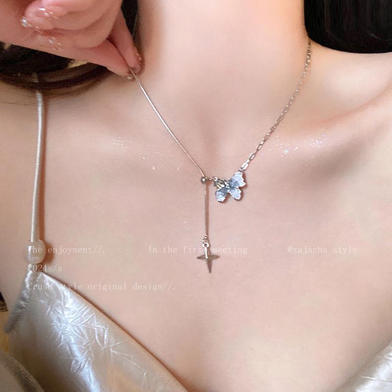 Ice Crystal Gradual Change Color Pearl Butterfly Fringed Necklace Women's Summer Exquisite High Sense Collarbone Chain Sweet Cool Babe Necklace