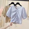 Kariertes Kurzarmhemd Damen Sommer V-Ausschnitt Kordelzug Kurzer Schnitt Designgefühl Koreanische Mode Puffärmel Dünne Oberteile