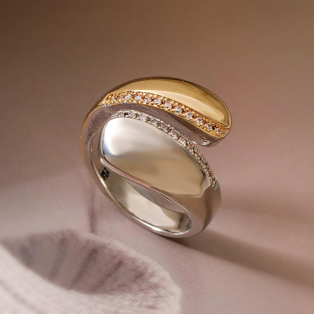 Two-Tone Geometric Open Cubic Zirconia Ring for Women, Adjustable Ins Fashion Jewelry, Minimalist Luxury Gift
