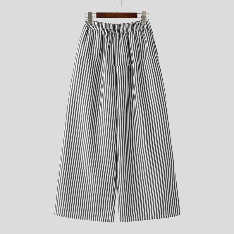 INCERUN Men Elastic Waist Casual Loose Striped Wide Leg Trousers Long Palazzo Pants