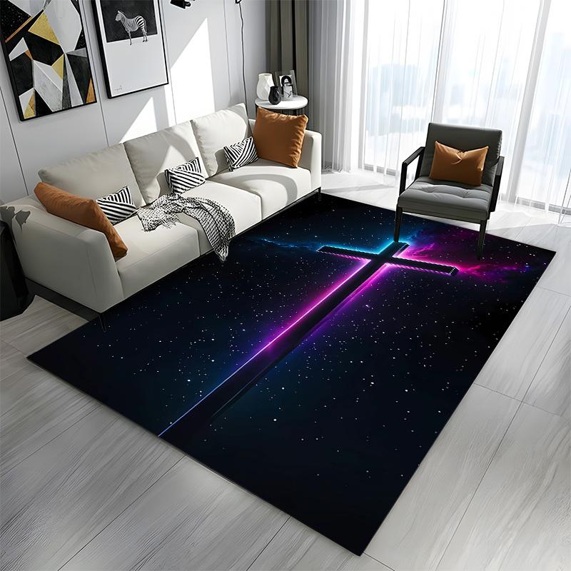 "Neon Cross with Starry Galaxy Background" Patterned carpet a non slip rug suitable for all seasons and any setting, gift