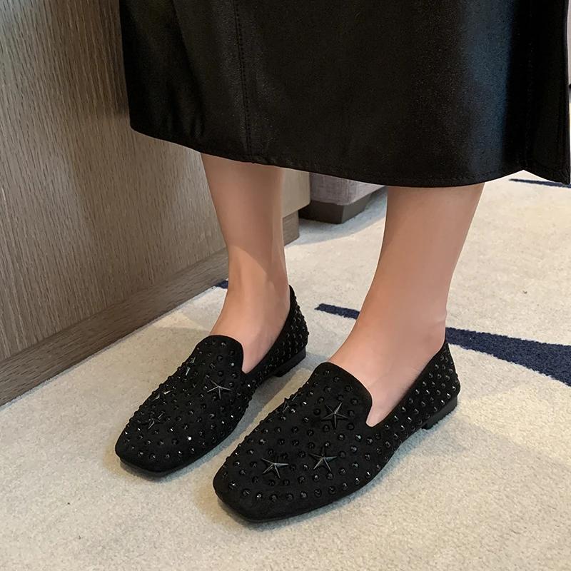 Mode 2024 Mode Damen Schuhe Flache Damenballerinas Heißer Verkauf Eckige Zehenpartie Tägliche Ballerinas Damen Hohe Qualität Nieten Flach Niedrige Absätze Zapatos