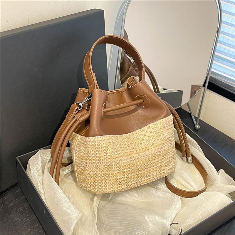 Neue Mode Damen Handgewebt +Leder Kleine Handtasche Große Kapazität Kordelzug Lässig Strand Schultertasche Luxusmarke Umhängetasche