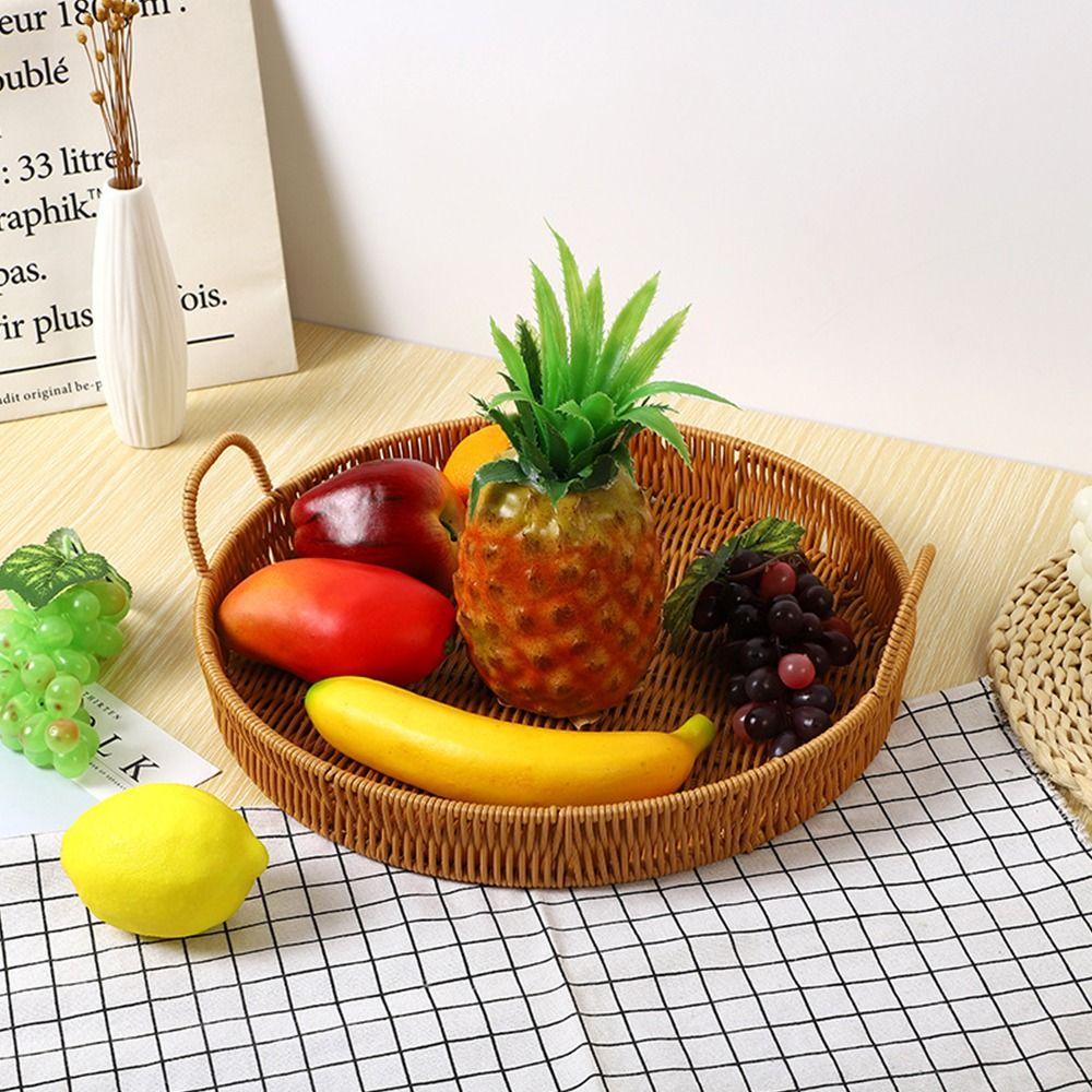 1Pcs Round Shape Storage Tray Breakfast Bread Food Plastic Rattan Threads Basket