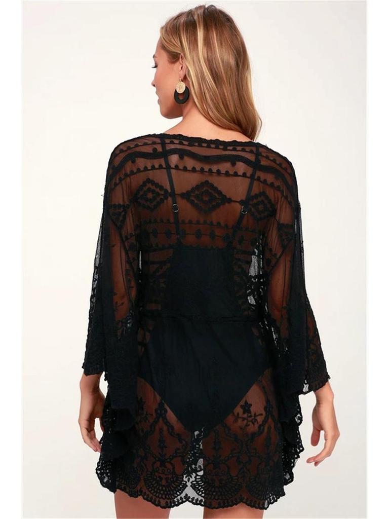 Lace Embroidery Drawstring Waist Beach Cover-up Shirt - Breathable Sun Protection