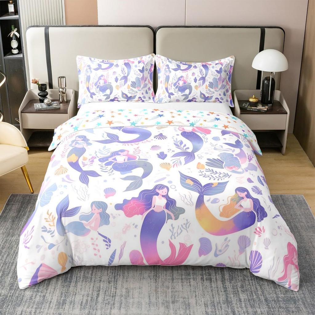 Cute Mermaid Tail Duvet Cover Set Queen King Size Fairy Tale Themed Princess Bedding 3 Pcs For Girls Bedroom Decor Super Soft