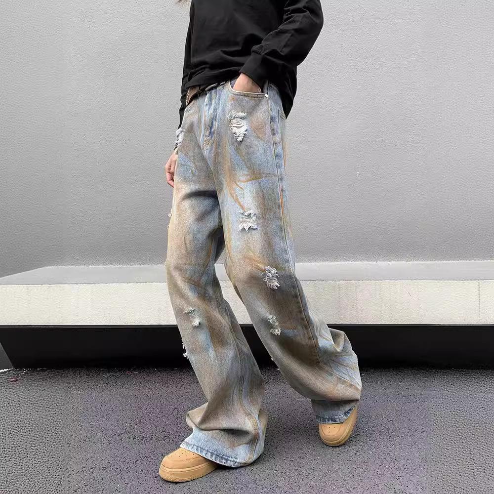 American retro grinding and old micro-horn tattered loose straight hand-painted dyed yellow mud jeans men's tie-dye