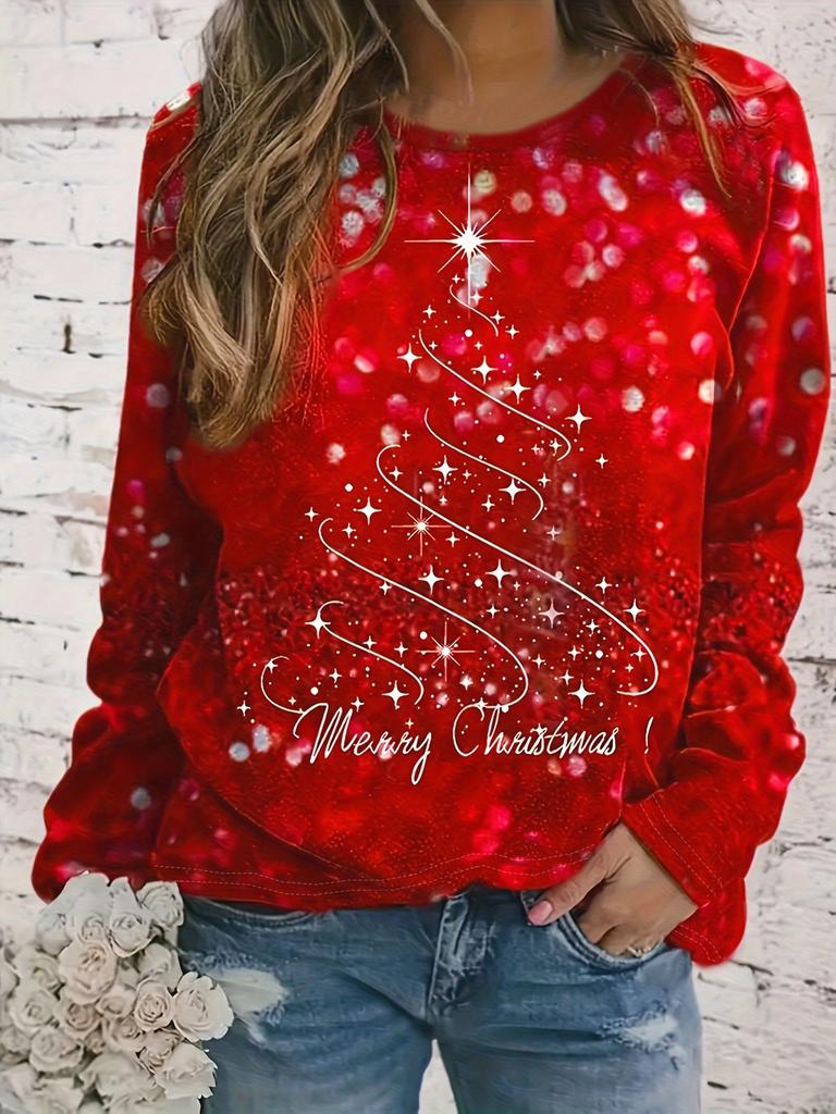 Women's Elegant Christmas Tree Printed Long-sleeved T-shirt 3D Printed Top - Black and White Snowflake Design with Golden Holiday Pattern