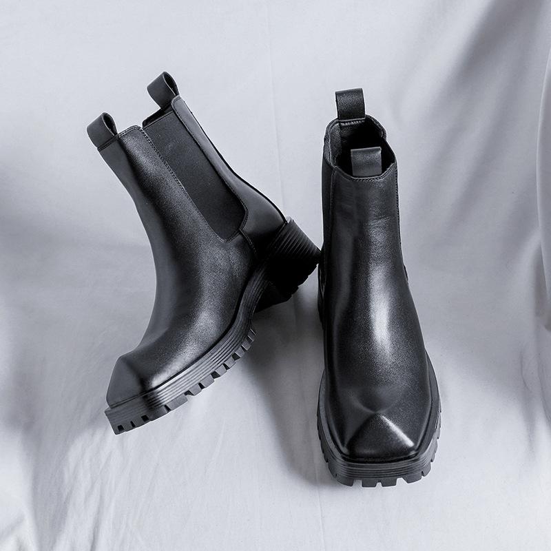 Martin boots mid-top British style youth hairstylist high-top leather boots thick-soled square head zipper Chelsea boots