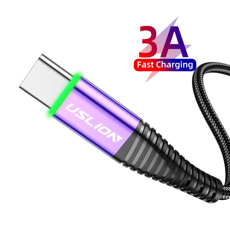 USLION 2M LED 3A USB TypeC Kabel Schnellladekabel Typ-C Handy USB C USB-C Kabel Ladegerät Kabel