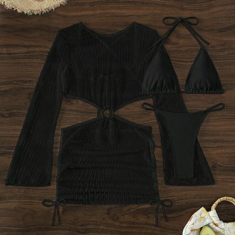 Women Bathing Suit Cover Ups Three Piece Bikini Set Knitting Cover Up Tie-Up Hollow Out Swimsuit Coverup Swimwear
