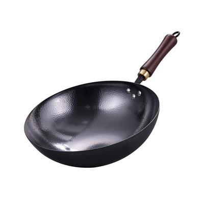 Traditional Forged Cast Iron Wok with Wooden Lid
