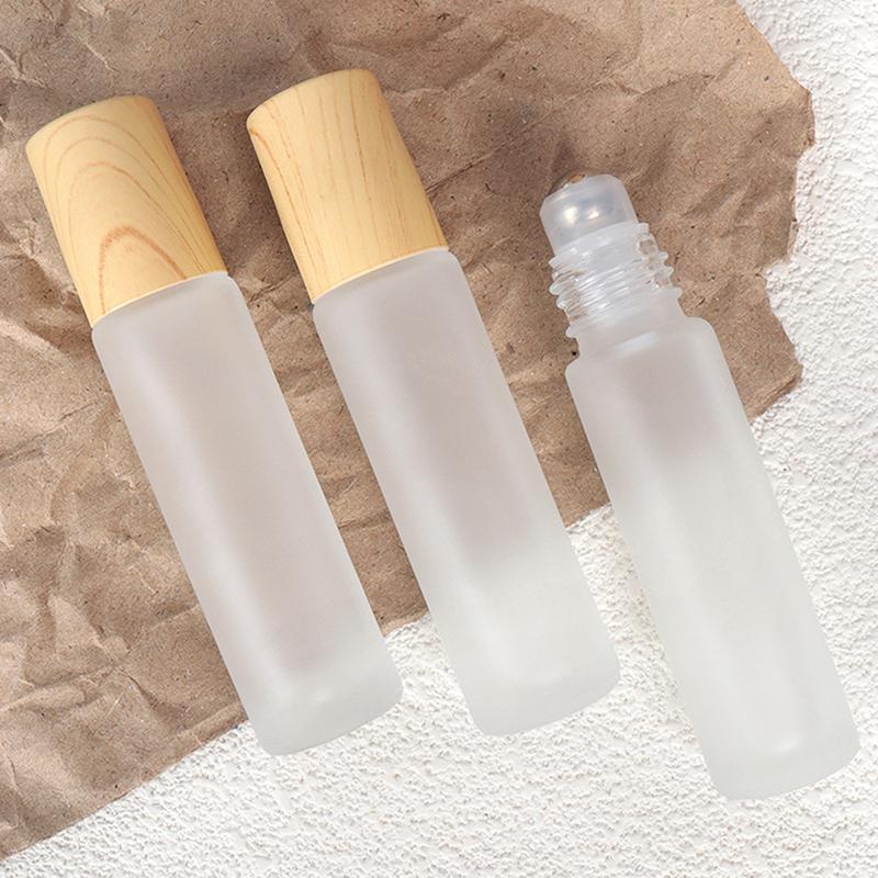 5Ml10Ml Frosted Glass Roller Bottle Wood Grain Plastic Cap For Essential Oils Roll-On Bottle With Stainless Steel Roller Ball