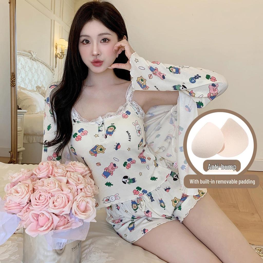 Four-Piece Women's Modal Pajama Set: Bra Camisole, Shorts, Long-Sleeved Top, Long Pants with Cute Cartoon Design.