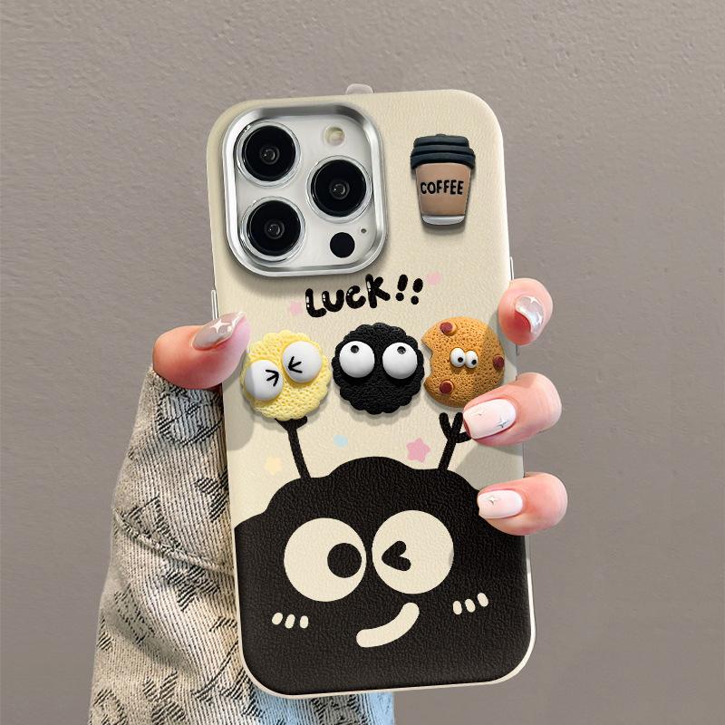 Coffee Briquette Three-dimensional Doll Suitable for Apple 16PRO Mobile Phone Case 15plus Metal Leather Pattern 14 High-end Sense 13