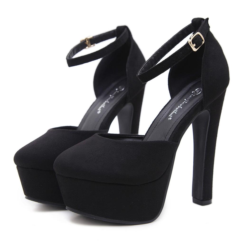 Women's Shoes Hollow Black High-heeled Waterproof Table 14cm Shallow Thick-heeled High-heeled Shoes