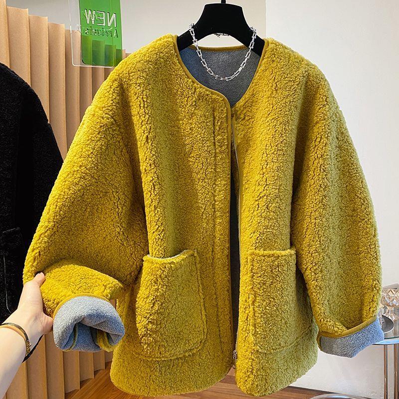 Women's Winter 2025 Soft Yellow Lambswool Coat - Loose, Thick, and Fluffy
