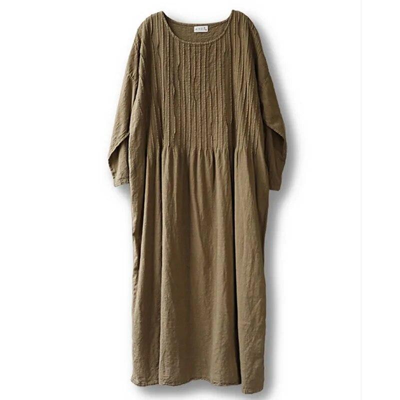 Johnature Women Vintage Dress O-Neck Long Sleeve Flod Spring Robes Solid Color A-Line Women Dresses