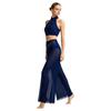 Women Halter Crop Top and Wide Leg Pants Set Rhinestone Mesh Patchwork Sleeveless with Built-in Bottoms Elastic Waist for Dance Club Performance