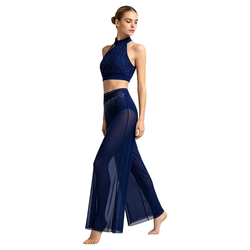 Women Halter Crop Top and Wide Leg Pants Set Rhinestone Mesh Patchwork Sleeveless with Built-in Bottoms Elastic Waist for Dance Club Performance