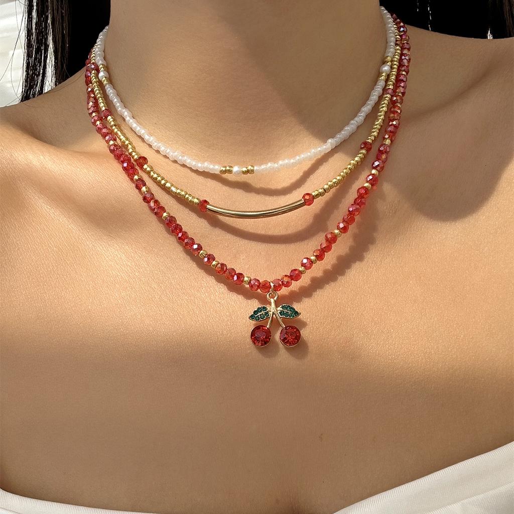 Bohemian Strawberry Pearl Cherry Beaded Necklace Women Y2K Vintage Choker Chain Party Wedding Jewelry Gift