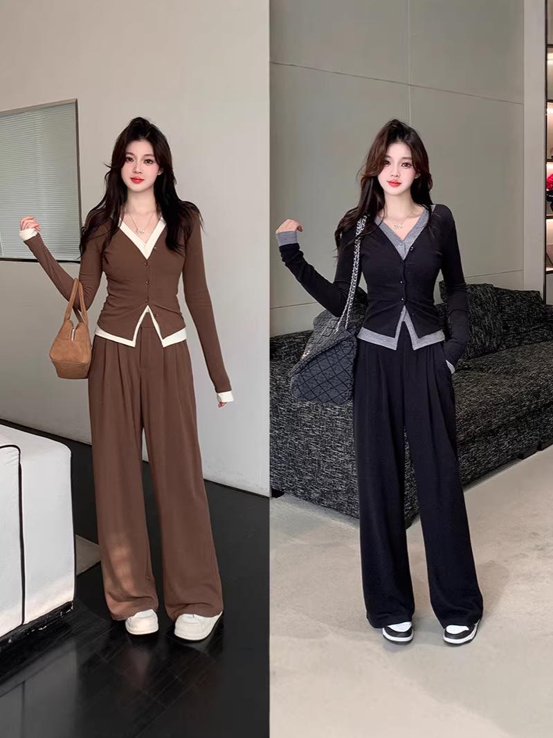 

Spring 2026 Plus Size Faux Two-Piece Cardigan & High-Waist Wide-Leg Pants Set L чёрный